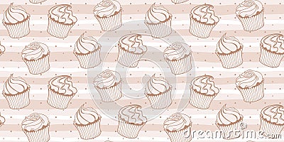 Pastry seamless pattern with outline cupcakes on a light brown striped background with polka dots Vector Illustration