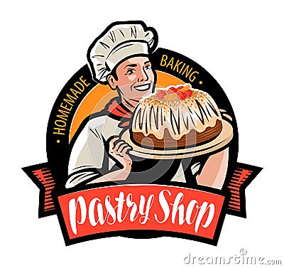 Pastry shop logo or label. Cook is holding a tray with a cake. Cartoon vector illustration Vector Illustration