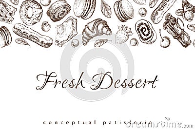 Pastry sketch on white. Bakery horizontal banner, border with desserts, berries, eclair, croissant, donut, macaroons Cartoon Illustration