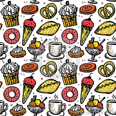 Pastry sweets seamless pattern, cute hand drawn sketch food symbols Vector Illustration