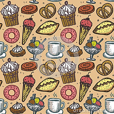 Pastry sweets seamless pattern, cute hand drawn sketch food symbols Vector Illustration