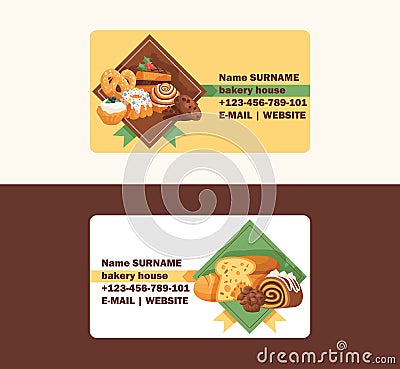 Pastry vector business card baked cake cream cupcake and sweet confection dessert with caked candies illustration Vector Illustration