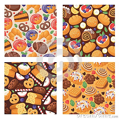 Pastry vector seamless pattern baked cake cream cupcake and sweet confection dessert with caked candies illustration Vector Illustration