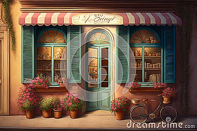 Pastryshop, front of a bakery with shutters and flowers,Generative AI Stock Photo