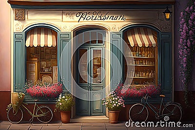 Pastryshop, front of a bakery with shutters and flowers,Generative AI Stock Photo
