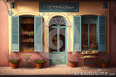 Pastryshop, front of a bakery with shutters and flowers,Generative AI Stock Photo