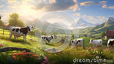 pasture feeding cows Cartoon Illustration