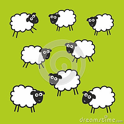 Pasture with green grass and sheeps. Vector Illustration