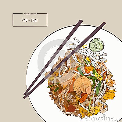 Pat Thai stir-fried rice noodle local Thailand food Vector Illustration