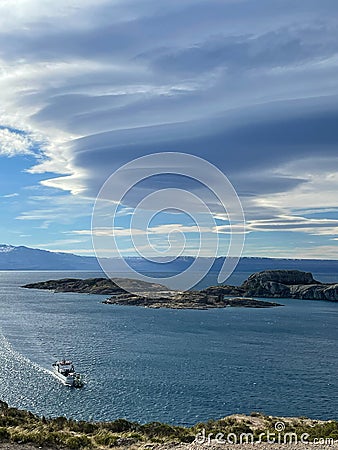Patagonia lake view with amazing clouds Stock Photo