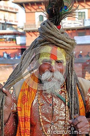 PATAN, NEPAL - DECEMBER 21, 2014: Portrait of a Sadhu Holy man at Durbar Square Editorial Stock Photo