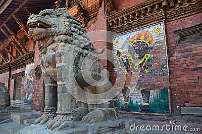 Patan, Nepal, October, 26, 2012, Nepali Scene: stone lion near Royal Palace on ancient Durbar square. Editorial Stock Photo