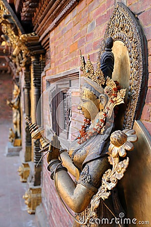 PATAN, NEPAL: Sculpture of the Goddess Mul Chowk at the Royal Palace, Durbar Square Stock Photo