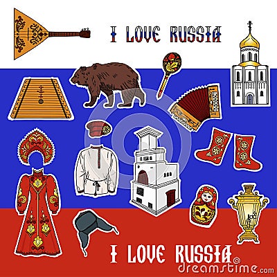 Patch badges in Russian style. Set of stickers, pins, patches. Vector Illustration