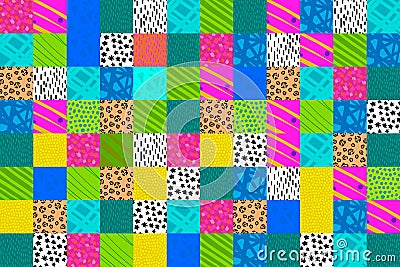 Patch collage hand drawn illustration in vibrant colors background blue pink yellow green purple Vector Illustration