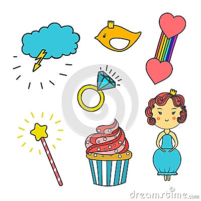 Patch collection with heart, star, rainbow, cupcake, bird, crown, princess diamond, crystal, magic wand. Sewing elements. Hand Stock Photo