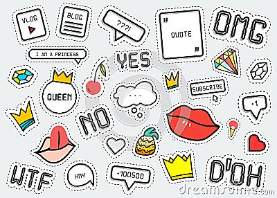 Patch fashion collection. Popular phrases: Omg Yes No Wtf Doh. Vector Illustration