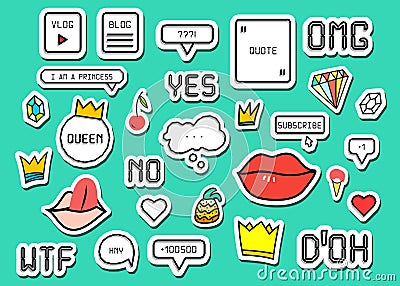 Patch fashion collection. Popular phrases: Omg Yes No Wtf Doh. Vector Illustration