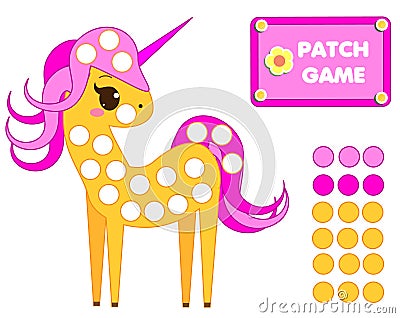 Patch game rainbow for children. Educational activity for kids and toddlers. Cute unicorn Vector Illustration