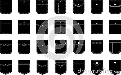 Patch pocket icon for clothing. Patch pockets with and without buttons zipper rivets line icons set isolated on white Vector Illustration