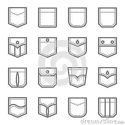 Patch Pocket Style Vector Line Icon Set. Contains such Icons as Original Pocket, Denim, Traditional, Flap and more. Expanded Strok Vector Illustration