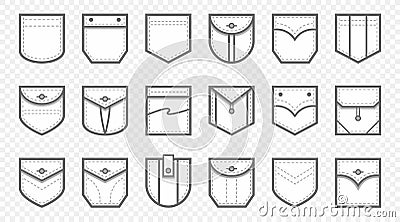 Patch pocket. Uniform clothes pockets patches with seam, patched denim pocket line icon vector set Vector Illustration