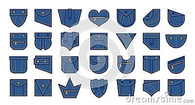 Patch pockets for shirt, bag, pants, dress. Different blue denim pockets with stitch and zipper, jeans casual clothing Vector Illustration