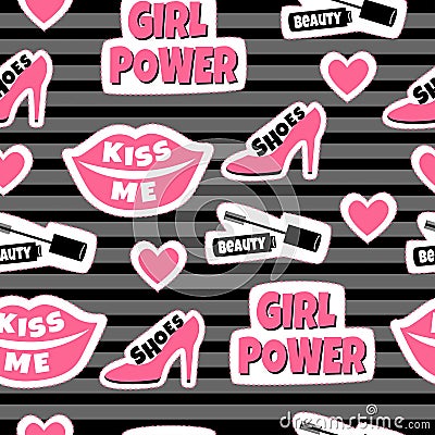 Patches background with inscription: shoes, beauty, kiss me and girl power. Stock Photo