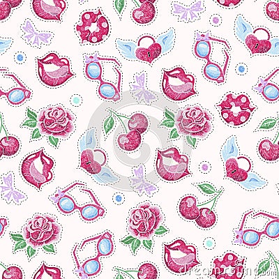 Patches seamless pattern. Stickers lips and cherry, love patch. Fabric prints, girly retro cloth or wallpaper. 90s Vector Illustration