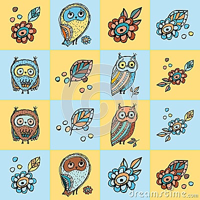 Patchwork background with owls and flowers Vector Vector Illustration