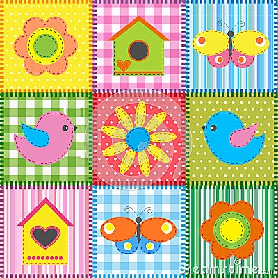 Patchwork with birdhouse Vector Illustration