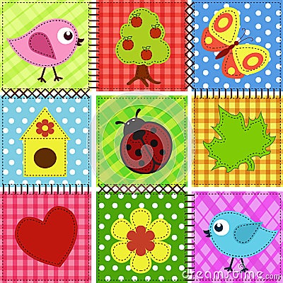 Patchwork with birds and birdhouses. Vector Illustration