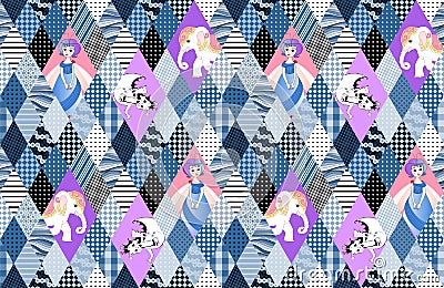 Patchwork for children. Vector seamless pattern with fairy, dragon, and elephant. Vector Illustration