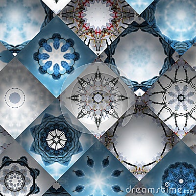 a patchwork of diverse mandala designs, each with unique colors and symmetrical patterns, forming a visually stunnig Stock Photo