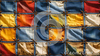 Patchwork fabric colorful denim jeans cloth texture close-up.Scrappy quilt vintage background. Stock Photo