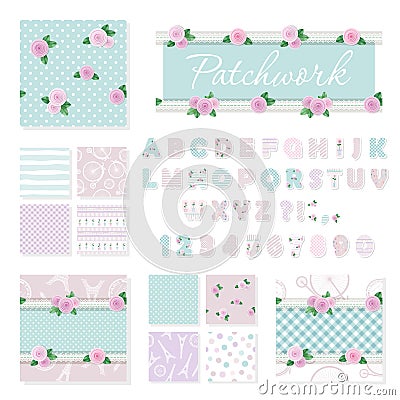 Patchwork girly decorative elements big set. Shabby chic textile font and seamless pattern collection. Different fabric pieces col Cartoon Illustration