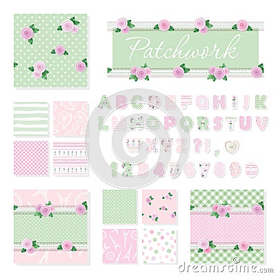 Patchwork girly decorative elements big set. Shabby chic textile font and seamless pattern collection. Different fabric pieces col Cartoon Illustration