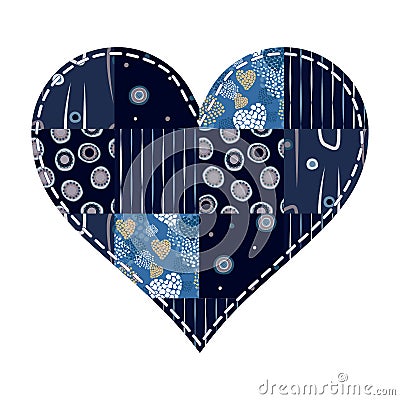 Patchwork heart in patchwork technique in blue tone Vector Illustration