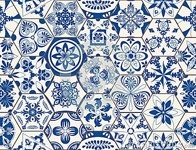 351_Indigo Blue Flower Azulejos Pattern Lisbon Set Paint Vector Illustration