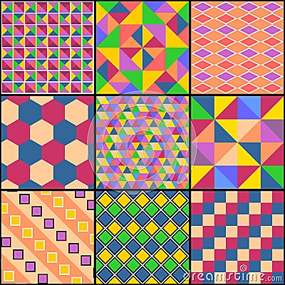 Patchwork from nine geometric multicolored patterns. Vector drawing Vector Illustration