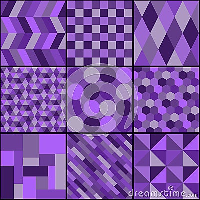 Patchwork from nine square patterns in violet colors. Vector drawing Vector Illustration