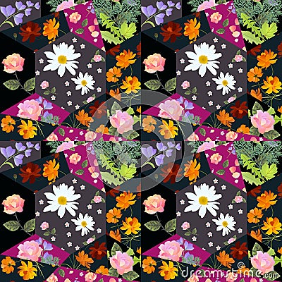 Patchwork pattern with cosmos, rose, daisy and bell flowers and leaves Stock Photo