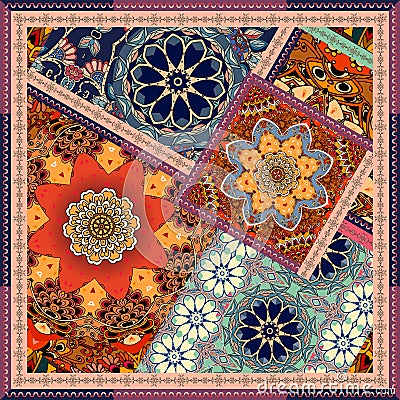 Patchwork pattern in ethnic style with flowers mandalas. Stock Photo