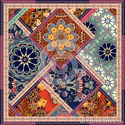 Patchwork pattern with flowers, mandalas and ornamental frame. Stock Photo