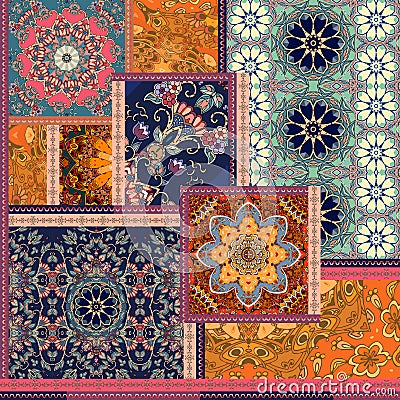 Patchwork pattern. Stylized flowers. Indian, arabic, moroccan motives. Ethnic print for fabric. Stock Photo