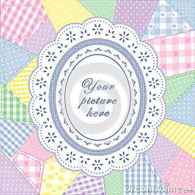 Patchwork Quilt, Oval Eyelet Lace Doily Frame Vector Illustration