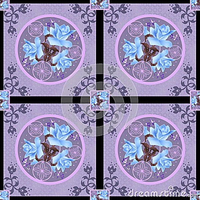 Patchwork retro blue roses floral textile pattern background Stock Photo