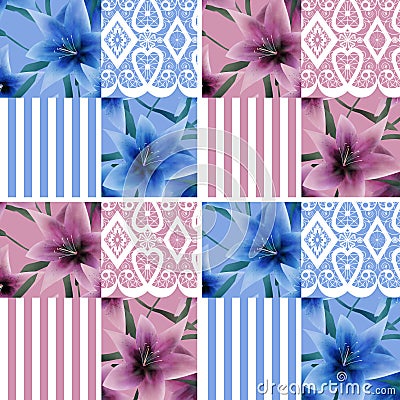 Patchwork seamless floral lilly pattern texture background strip Stock Photo