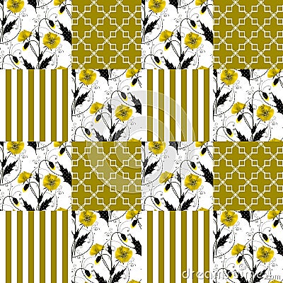 Patchwork seamless floral poppy pattern striped background Stock Photo