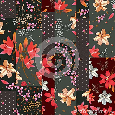 Patchwork seamless pattern with beautiful lily flowers. Quilt design with decorative floral patches. Fashion print for fabric Vector Illustration